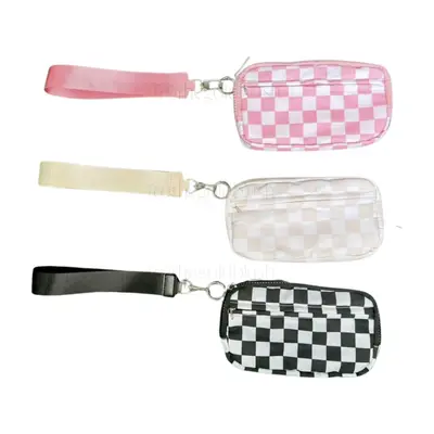 Nylon Phone Holder Wallet with Wristlet Strap by Gold Blush- Checkered Print Accessories Smartphone Cellphone Durable Zip Clo...
