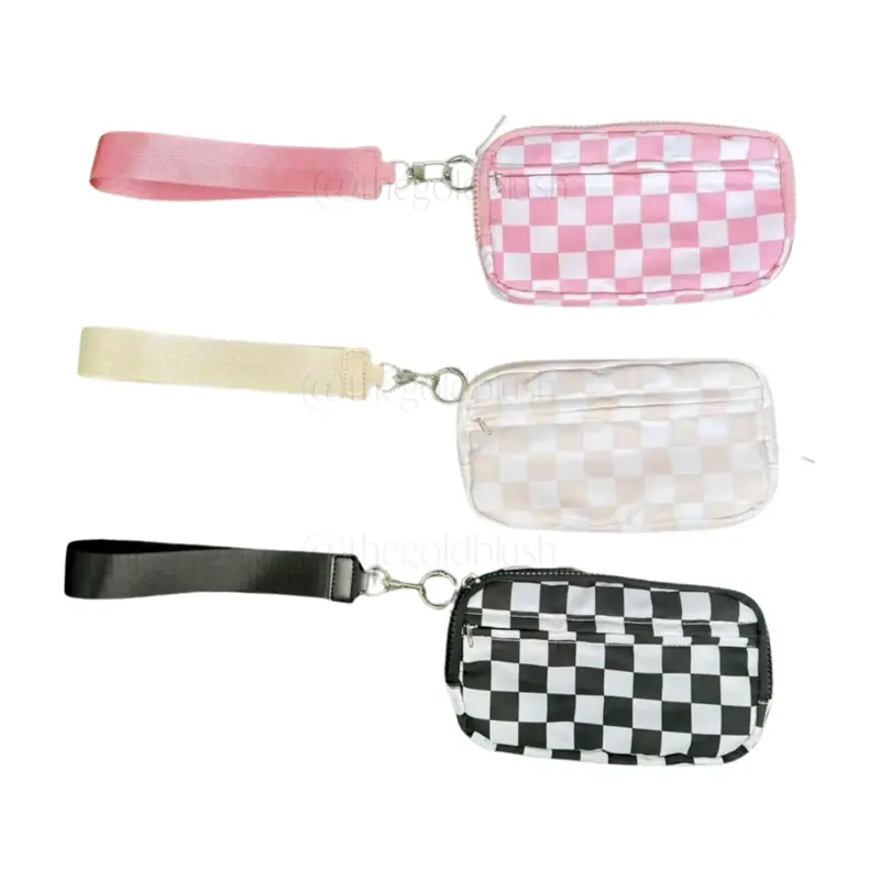 Nylon Phone Holder Wallet with Wristlet Strap by Gold Blush- Checkered Print Accessories Smartphone Cellphone Durable Zip Clo...