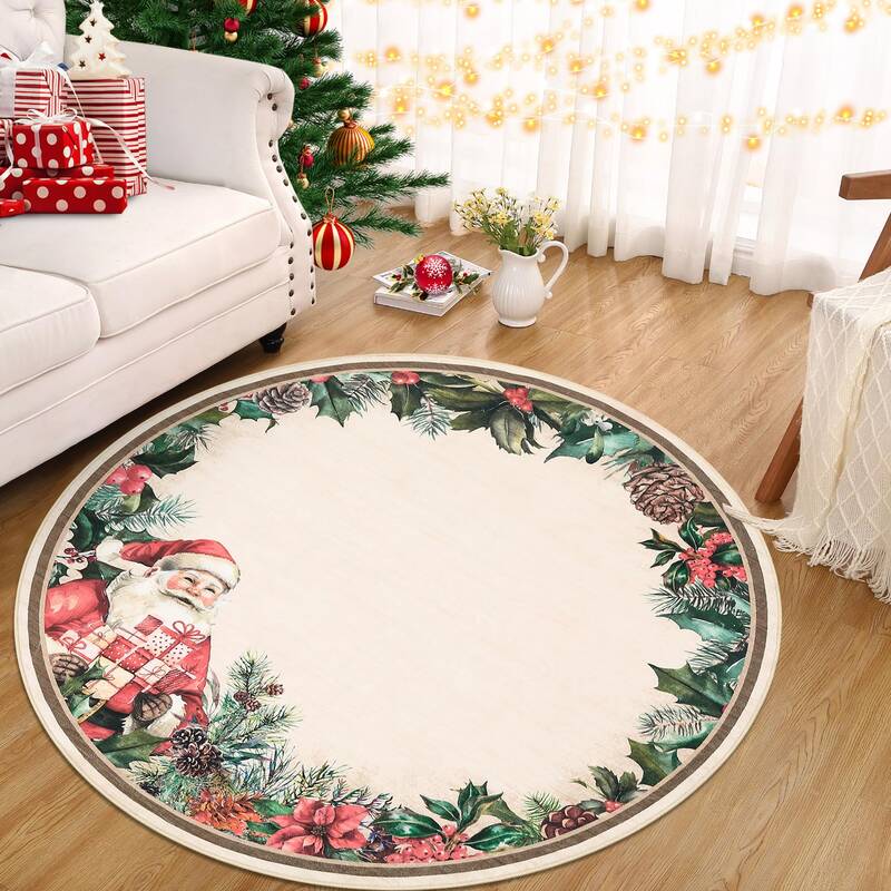 Garvee Christmas Round Rug Santa Claus 4Ft Washable Non-Slip Soft Low-Pile Red Area Rug for Living Room Dining Room Bedroom H...