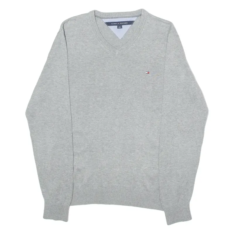 TOMMY HILFIGER Mens Jumper Grey V-Neck Tight Knit S
