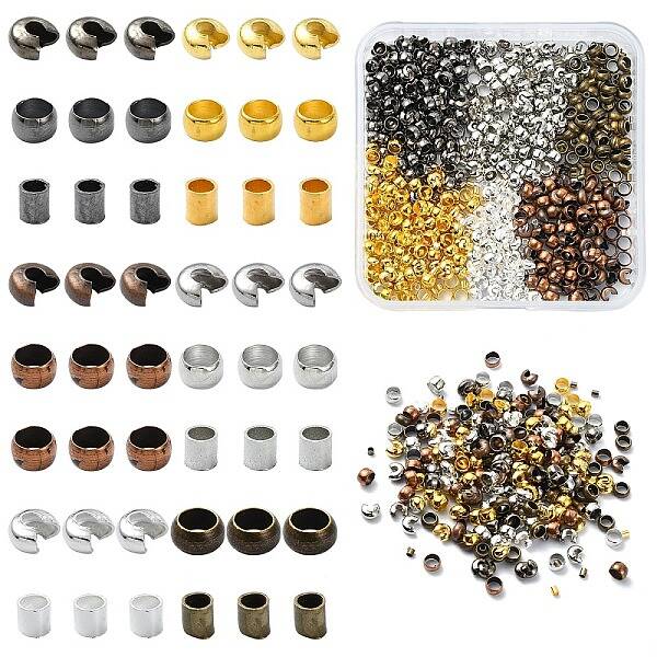 1200Pcs 15 Styles Iron and Brass Crimp Beads