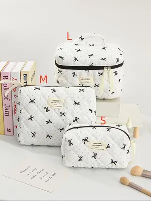 Polka Dot & Bow Knot Pattern Makeup Bag, Large Capacity Cosmetic Storage Bag with Handle, Cute Bow Knot Design Makeup Pouch, ...