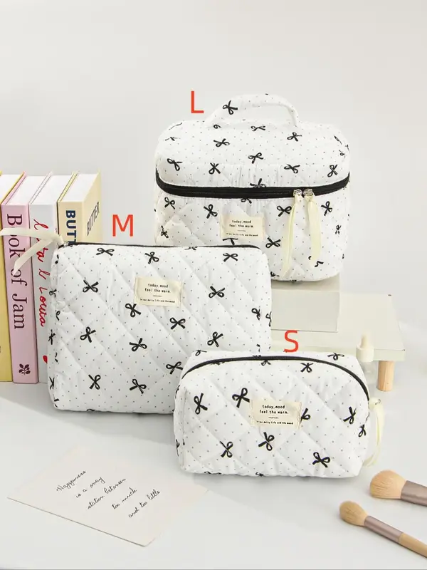 Polka Dot & Bow Knot Pattern Makeup Bag, Large Capacity Cosmetic Storage Bag with Handle, Cute Bow Knot Design Makeup Pouch, ...