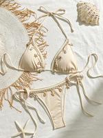 Two-piece Set Women's Plain Shell Decor Self-tie Bikini Set, Halter Triangle Swim Bra & Tie Side Swim Panty Set, Sexy Fashion...