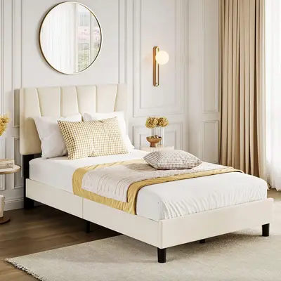 Garvee Twin Size Bed Frame with Adjustable Headboard, Linen Upholstered Twin Platform Bed Frame with Strong Wooden Slats, Mat...