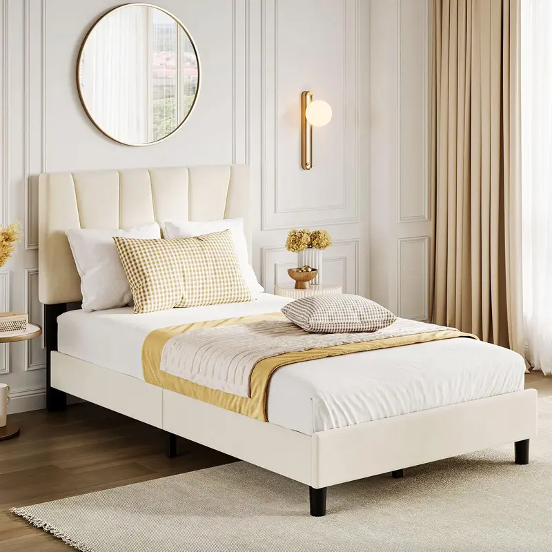 Garvee Twin Size Bed Frame with Adjustable Headboard, Linen Upholstered Twin Platform Bed Frame with Strong Wooden Slats, Mat...