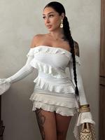 Women's Plain Textured Ruffle Trim Off Shoulder Bodycon Dress, Sexy Fashion Flounce Sleeve Ribbon Mini Dress for Party Club D...