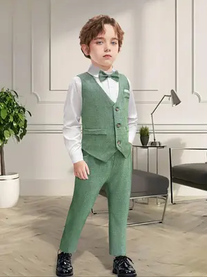 Three-piece Set Boy's Solid Button Front Vest Blazer & Bow Tie Long Sleeve Shirt & Pants Set, Elegant Formal Outfits for Wedd...