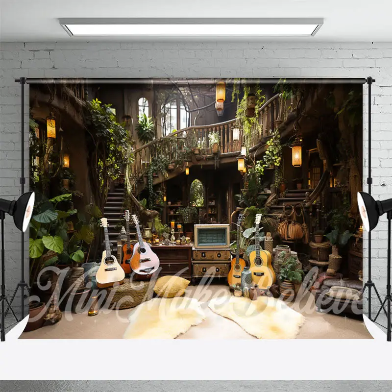 Wooden House Guitar Leaves Indoor Photo Backdrop - Aperturee