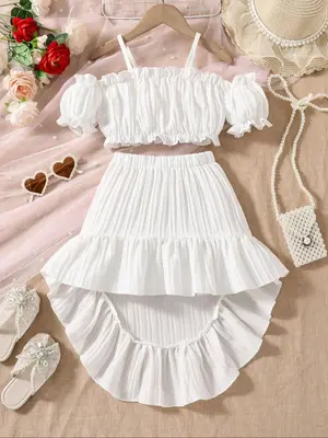 Toddler Girl's Cold Shoulder Puff Sleeve Crop Blouse & High Low Skirt Set, Solid Frill Trim Short Sleeve Top & Ruffle Hem Ela...