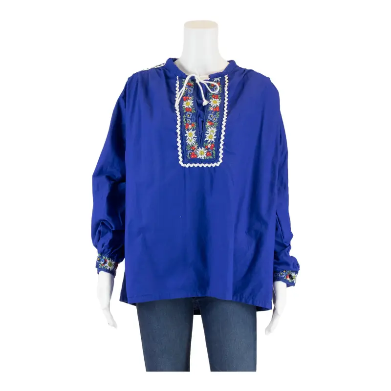 Tunic Top Blue 90s High Neck Floral Long Sleeve Womens M