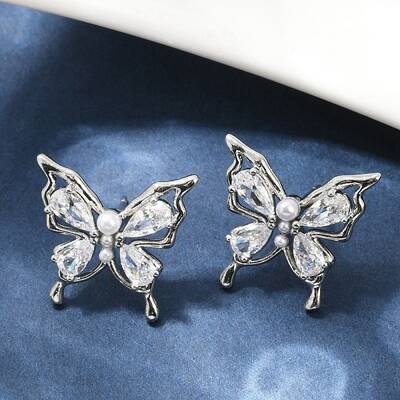 Butterfly Brass Micro Pave Cubic Zirconia Stud Earrings