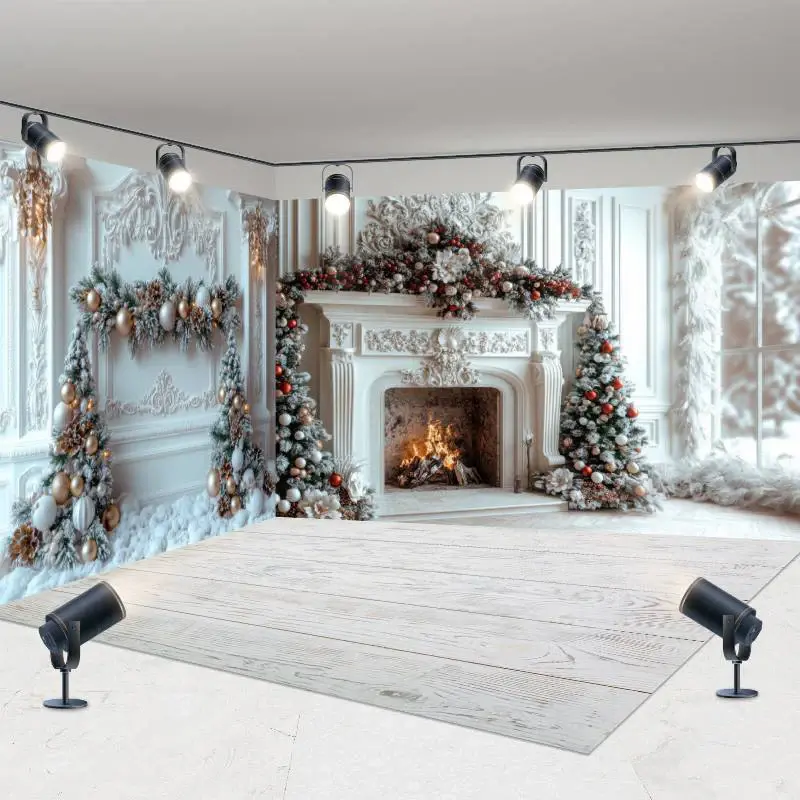 Aperturee White Luxury Fireplace Christmas Room Set Backdrop | Christmas Background Photography | Winter Wonderland Backdrop ...