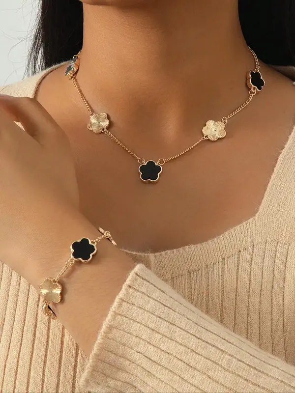 Women's Elegant Fashion Flower Charm Jewelry Set, Pendant Necklace & Bracelet, Casual 2025 New Trendy Matching Fashionable Je...