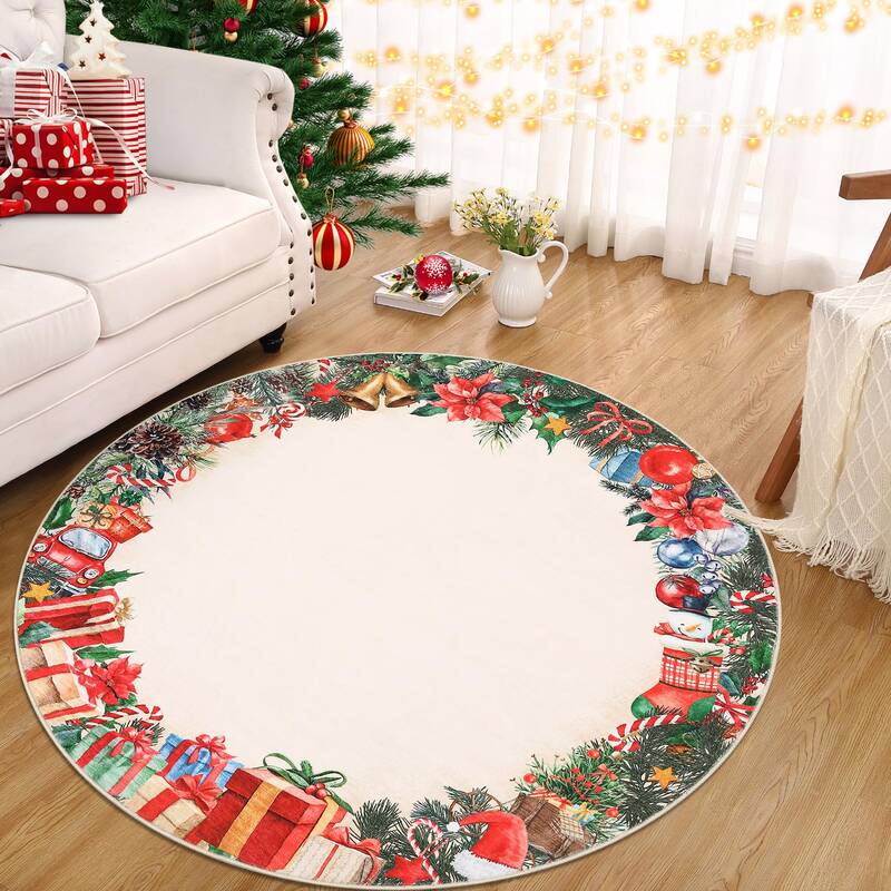 Garvee Christmas Round Rug Red Non-Slip Soft Low Profile Washable Area Rug for Living Room Bedroom Dining Room Home Decor
