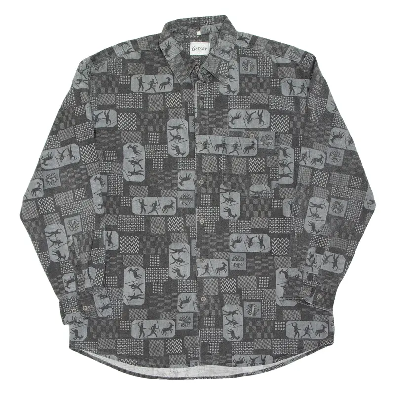 GATSBY Mens Shirt Grey Crazy Pattern Long Sleeve XL