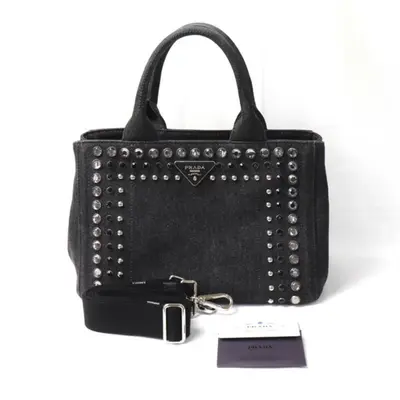 Pre-owned PRADA Denim tote bags Preloved Rhinestone Embellished Black Canapa Convertible Tote HDCB9T3 092824 P