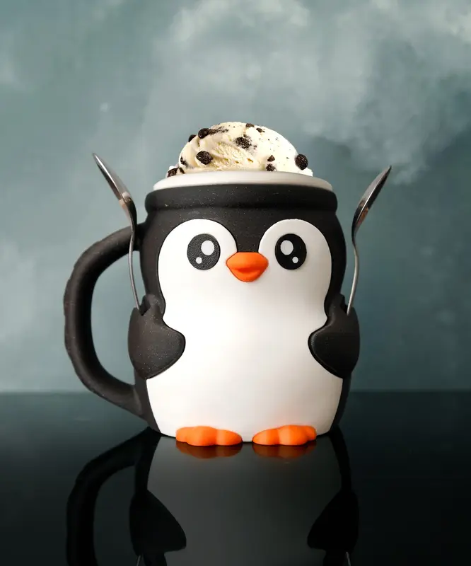 Penguin-Shaped 3D Printed Ice Cream Pint Holder with Spoon Slots & Cookie Drawer Eco-Friendly PLA Material Unique Dessert Sto...