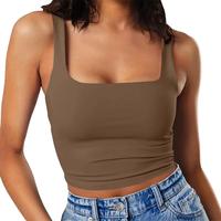 Women's sleeveless sexy tank square neck double layer trendy casual basic crop tops Brown Minimalist
