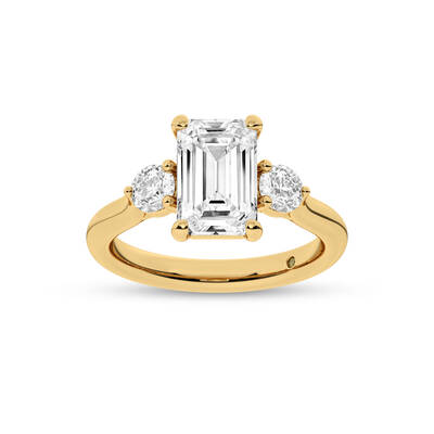 Aevum Classic Three Stone Emerald Cut Lab Grown Diamond Engagement Ring | 14K Yellow Gold 2 1/2 CT. TW.