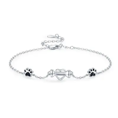 Sterling Silver Heart Dog Paw & Bone Charm Bracelet For Dog Lovers Girl
