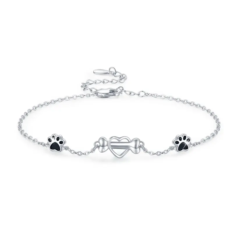 Sterling Silver Heart Dog Paw & Bone Charm Bracelet For Dog Lovers Girl