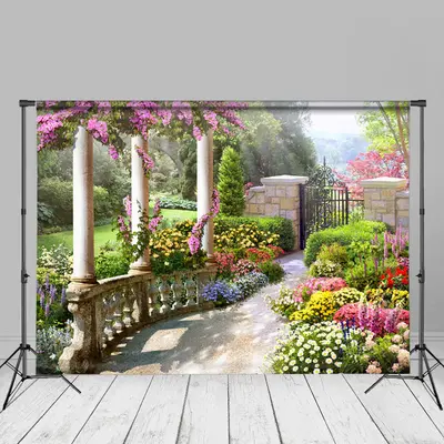Floral Garden Green Plants Iron Gate Spring Backdrop - Aperturee
