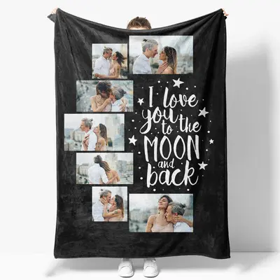 Aperturee Love You To The Moon Back Black Custom Photo Blanket | Picture Blanket Gift | Photo Blanket Deals | Memorial Blanke...