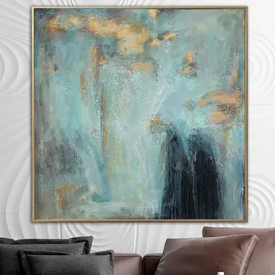 Large Abstract Painting on Canvas Turquoise Wall Art Neutral Artwork Personalized Painting 32x32 Art for Aesthetic Room Decor...