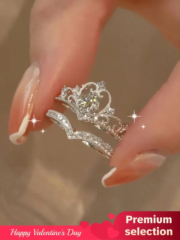 Proposal 2pcs/set Minimalist Elegant Plain Rhinestone Decor Crown Design Engagement Rings, Fashion Wishbone Ring Matching Rin...