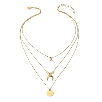 304 Stainless Steel Moon Pendant Triple Layered Necklace with Glass for Women
