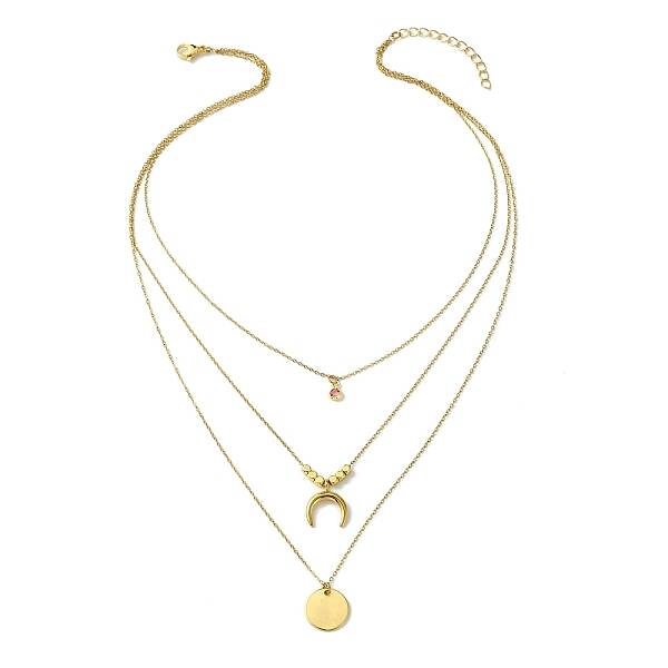 304 Stainless Steel Moon Pendant Triple Layered Necklace with Glass for Women