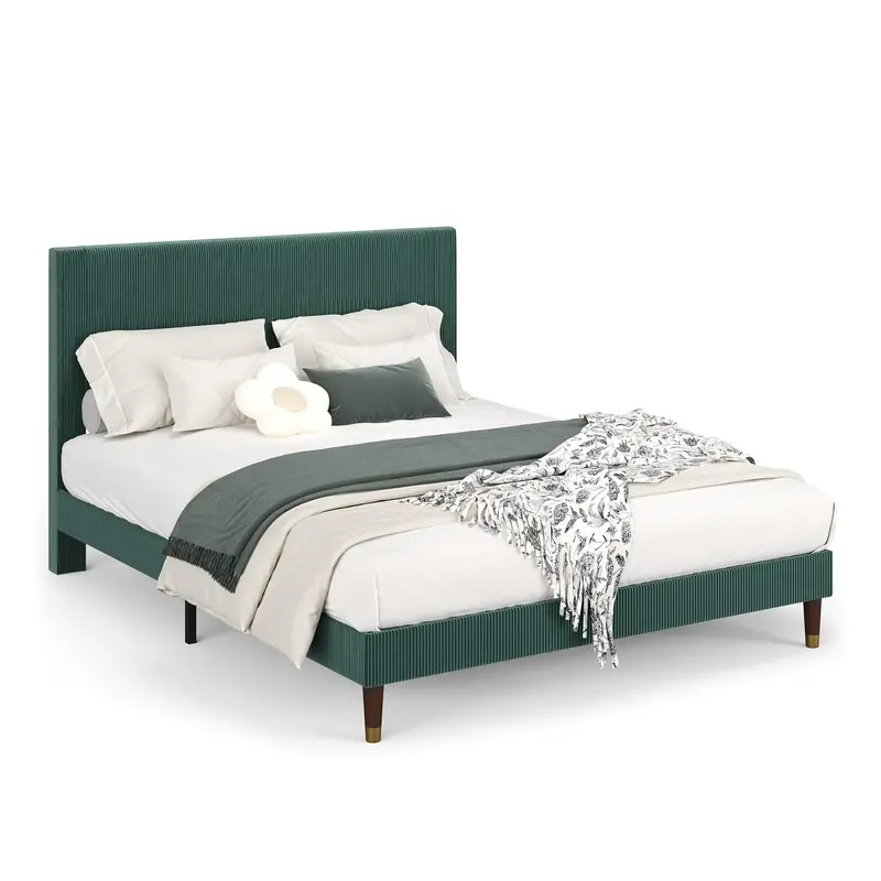 Garvee Full Bed Frame with Headboard, Corduroy Upholstered Platform Bed with Wooden Slats Support - No Box Spring Needed & No...