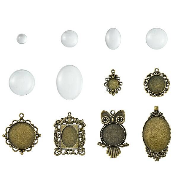DIY Blank Owl/Round Glass & Tibetan Style Alloy Pendant Making Kits