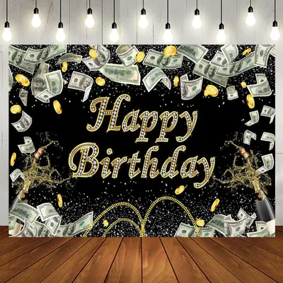 Gold Coins Dollar Bills Spark Black Birthday Backdrop - Aperturee