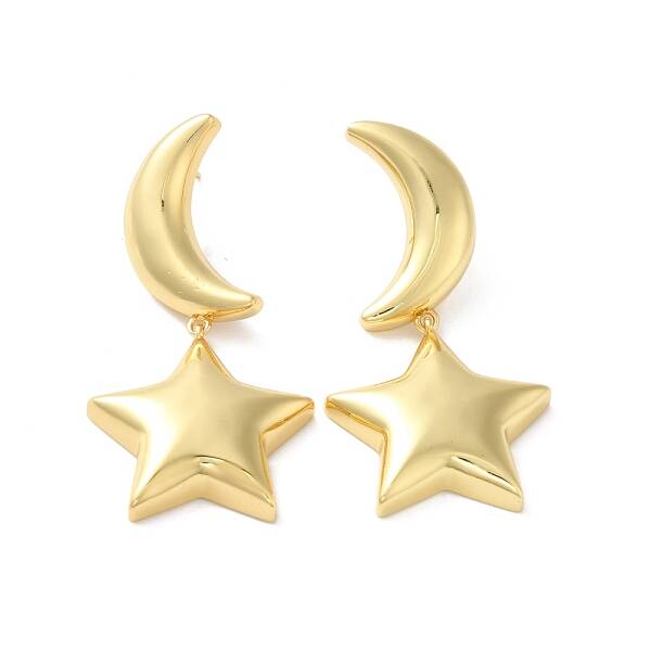 Long-Lasting Plated Brass Star and Moon Dangle Stud Earrings for Women
