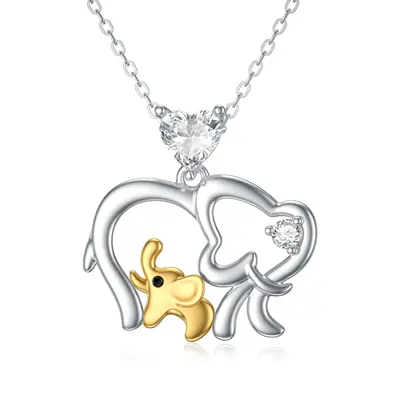 9K White Gold Two-Tone Heart Zircon Elephant Pendant Necklace For Women