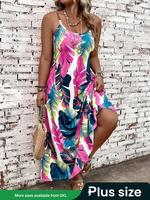 【Plus Size】 Leaf Print Cami Dress, Boho Casual Fashion Elegant Sleeveless Dress for Beach Holiday Vacation, Women's Cloth...