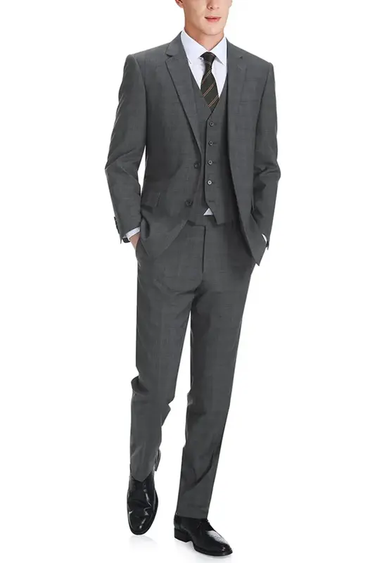 Charcoal Grey Windowpane Plaid Men's Classic Fit Vested Suit - Two Button