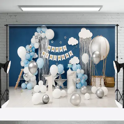 Blue White Balloons 1st Birthday Cake Smash Backdrop - Aperturee