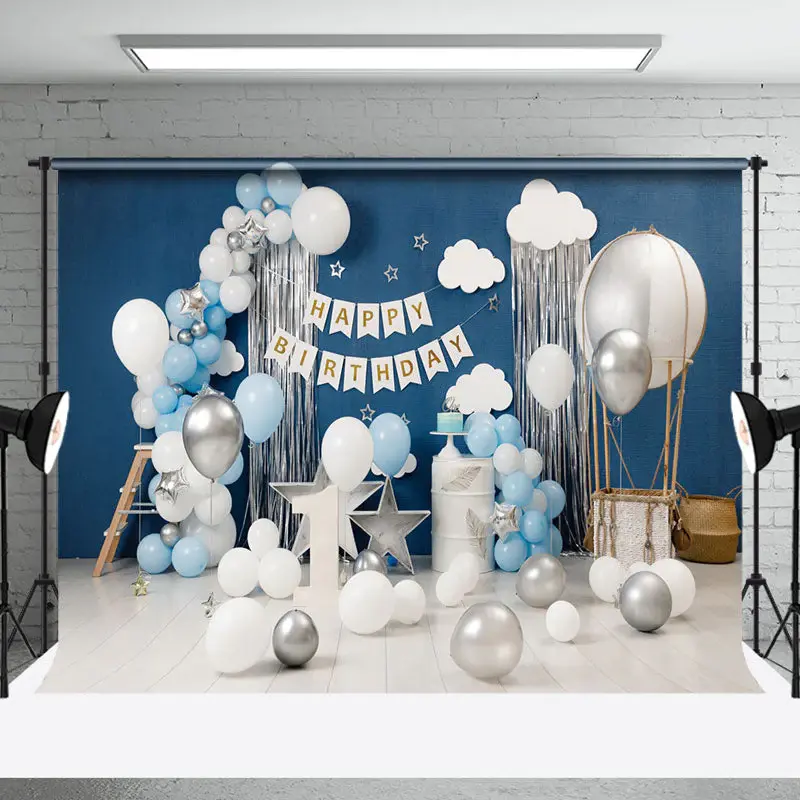 Blue White Balloons 1st Birthday Cake Smash Backdrop - Aperturee