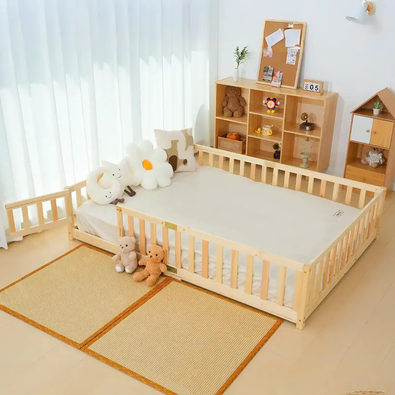 Naudacaa Twin/Full Size Montessori Floor Bed for Kids, Solid Wood Bed Frame with Fence, Door & Safety Guardrails, CPC Certifi...