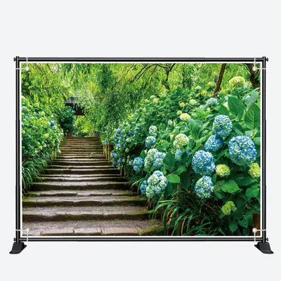 Blue Hydrangeas Brick Stairs Forest Spring Backdrop - Aperturee