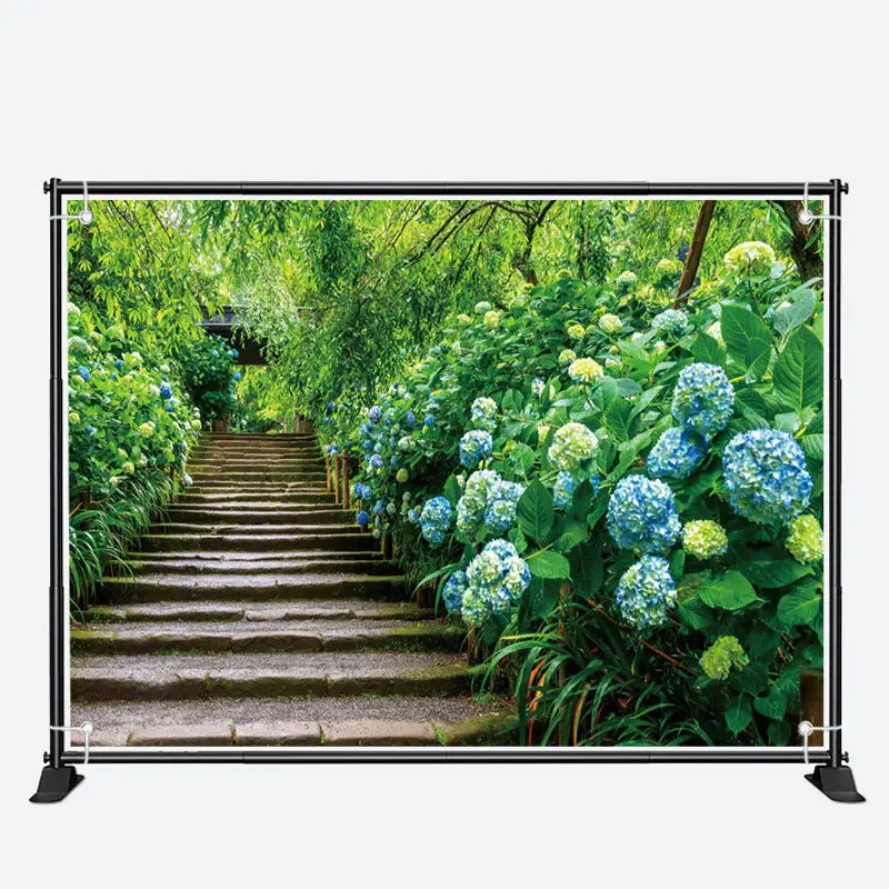 Blue Hydrangeas Brick Stairs Forest Spring Backdrop - Aperturee