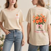 [Sale]1-12 Months Birth Flower Letter Print Washed T-Shirt - Streetwear Outfit, Soft Tees for Women, Suitable for Everyday We...