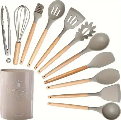12 Pieces Silicone Kitchen Utensil Set, Wooden Handles, Durable, Heat-Resistant, for Cooking and Baking, Kitchen Supplies, Gi...
