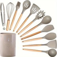 12 Pieces Silicone Kitchen Utensil Set, Wooden Handles, Durable, Heat-Resistant, for Cooking and Baking, Kitchen Supplies, Gi...