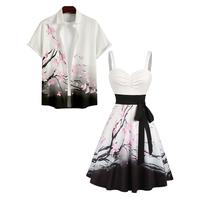 2025 Floral Print Women's Sweetheart Neck Ruched Bust Belt Dress and Men's Button Up Shirt Hawaii Matching Outfit,Valentine's...