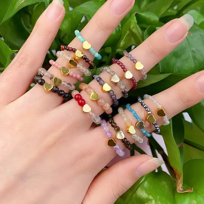 Crystal Mini Beads Rings Garnet 7 Chakra Tourmaline Rutilated Quartz Couple Ring lapis lazuli