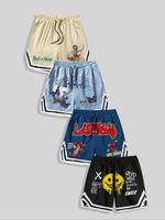 Men's Floral & Letter & Smile Face & Cupid Print Drawstring Waist Shorts, Regular Fit Casual Comfy Breathable Shorts, Men's B...